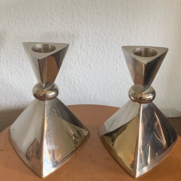 2 Chrome triangle Modernist Taper candleholders